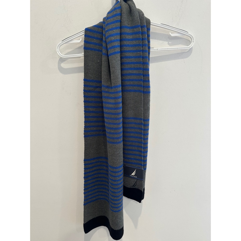 Nautica Mens Grey Blue Striped Knit Scarf Wool Blend Winter Accessory New